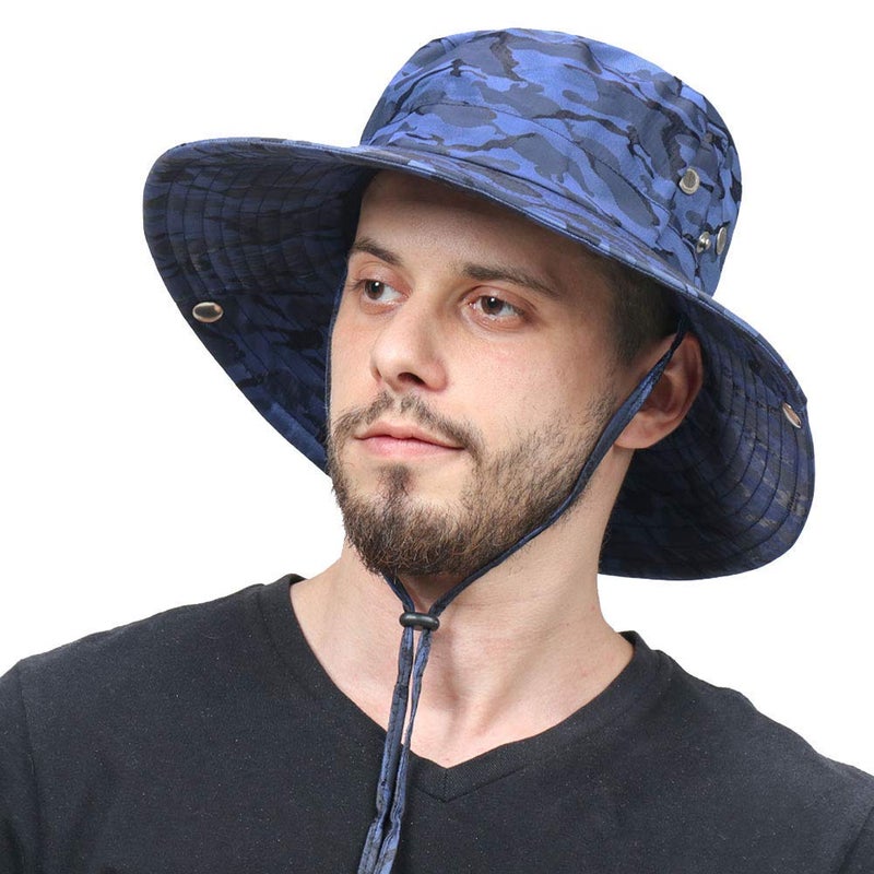 CAMOLAND Camouflage Outdoor Fishing Boonie Hat with Wide Brim UV Protection Summer Safari Sling Bucket Cap UPF 50+ (Blue) - Image 1